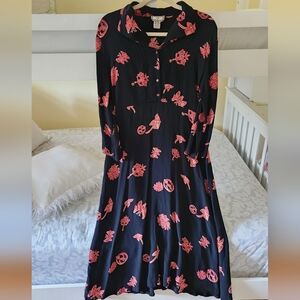 April Cornell Vintage 90s Boho Cottage Asian Print Midi Black Red Midi Ladies M